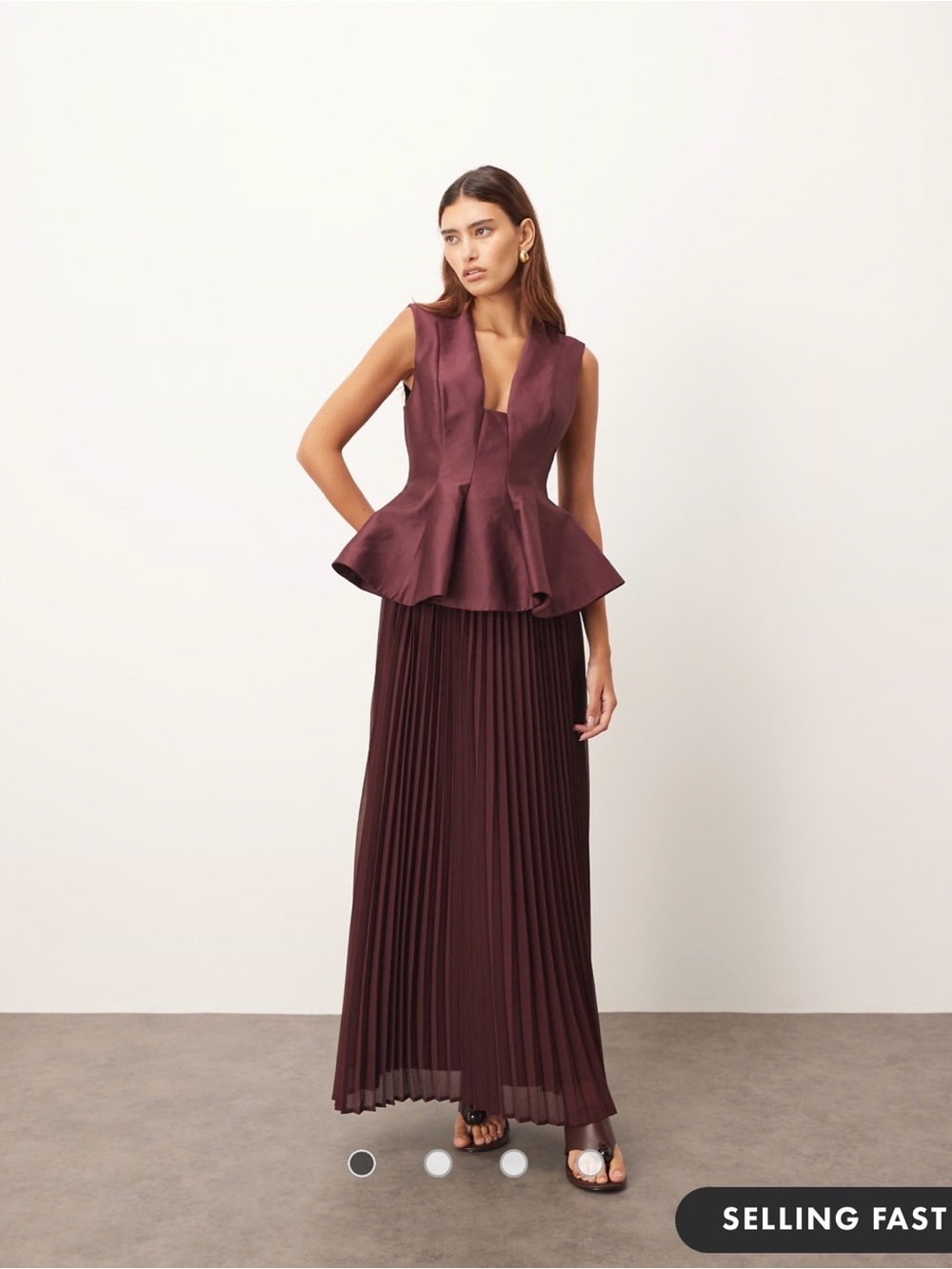 Arrange Pleated Maxi Dress with Structured Peplum Top in Wine